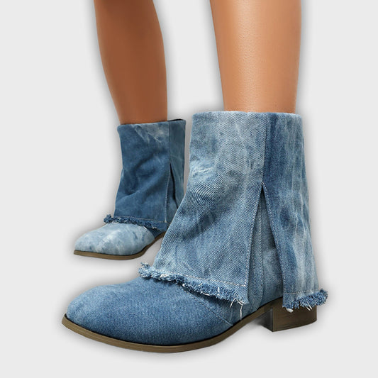 Sunniva – Women’s Denim Slip-On Ankle Boots with Distressed Trim & Side Slits