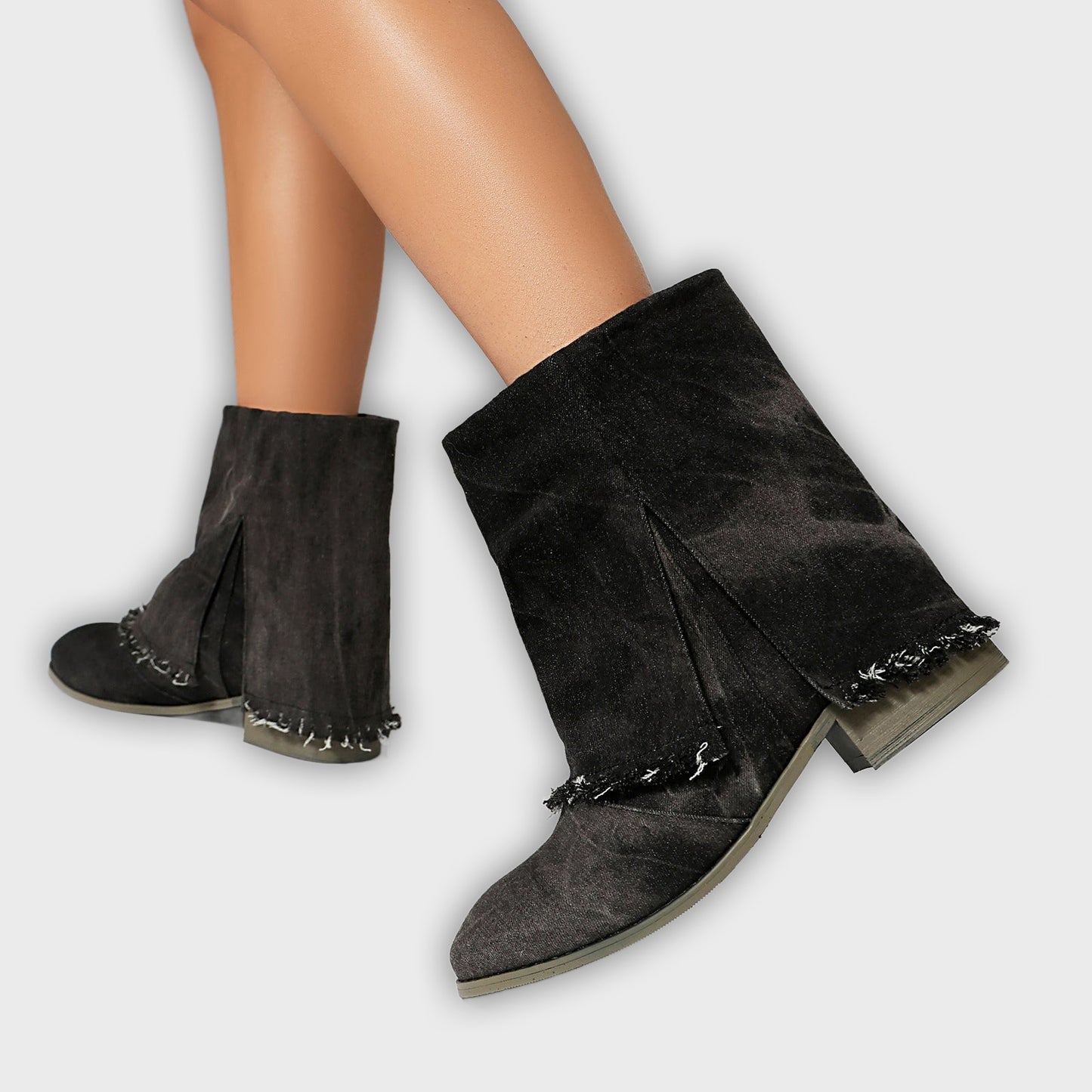 Sunniva – Women’s Denim Slip-On Ankle Boots with Distressed Trim & Side Slits