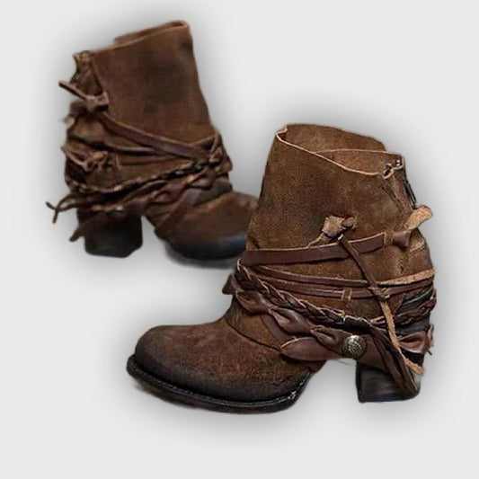 Sunniva – Women’s Western Ankle Boots Strap Detail, Block Heel, PU Leather