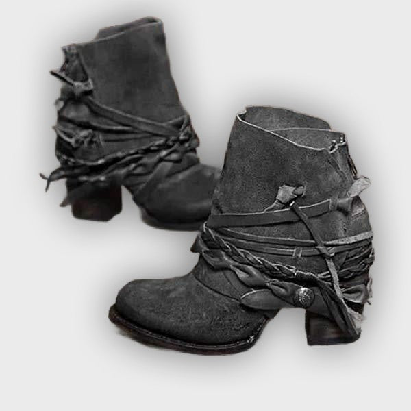 Sunniva – Women’s Western Ankle Boots Strap Detail, Block Heel, PU Leather