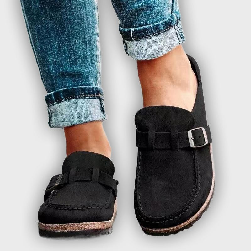 Tessa Women’s Mule Sandals – Suede Look – Buckle Strap – Low Heel