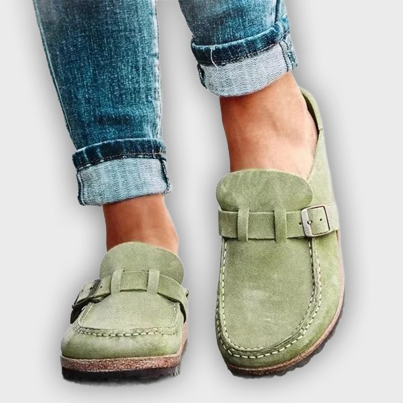 Tessa Women’s Mule Sandals – Suede Look – Buckle Strap – Low Heel