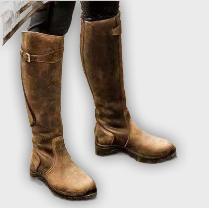 Thalia – Women’s Knee-High PU Leather Boots with Buckle & Waterproof Sole