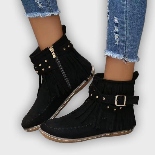 Thea – Women’s Vintage-Style Suede Boots with Round Toe & Flat Sole