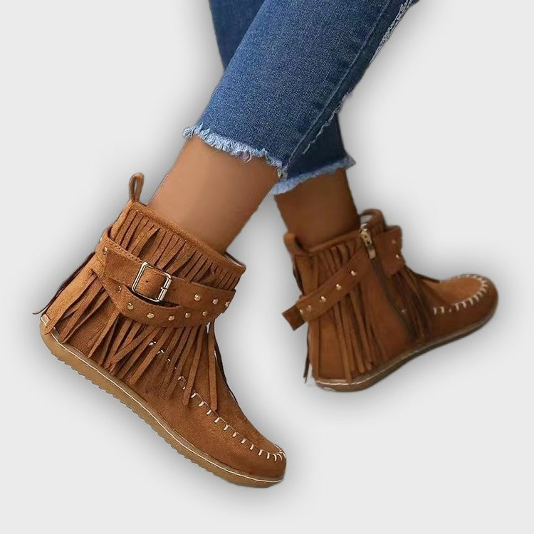 Thea – Women’s Vintage-Style Suede Boots with Round Toe & Flat Sole