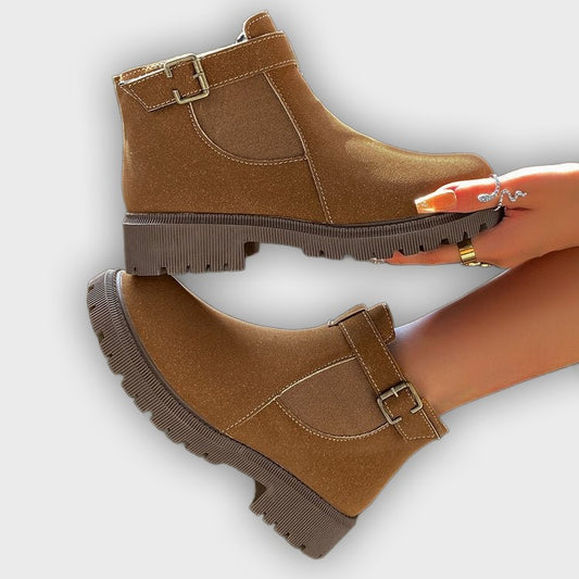 Thyra – Women’s Chunky Sole Ankle Boots with Retro Buckle Faux Leather
