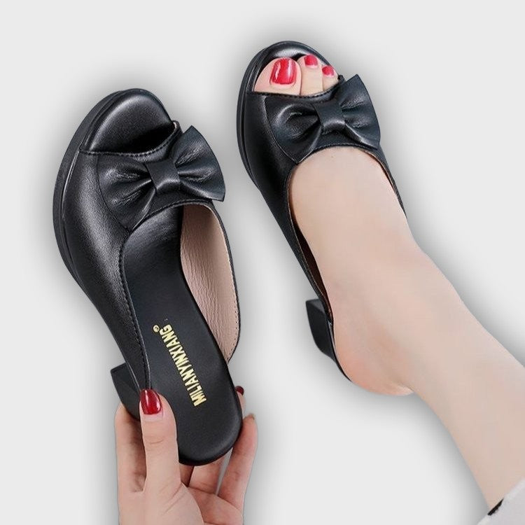 Women’s Chunky Heel Sandals – Faux Leather Open Toe with Bow Accent