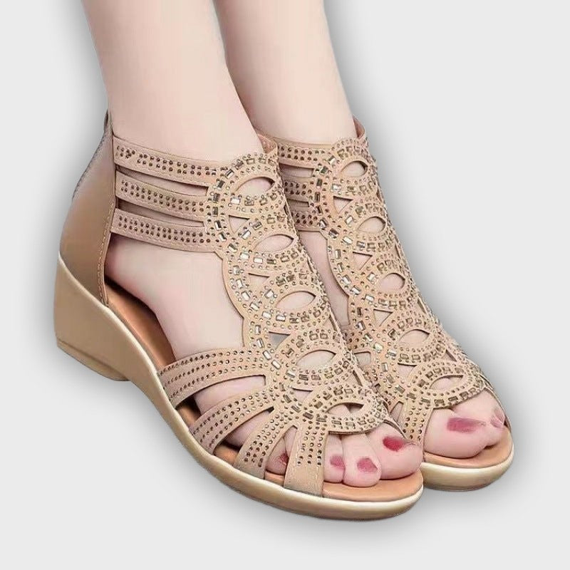 Women’s Gladiator Sandals – Rhinestone – Mid Heel – Ankle Strap Design
