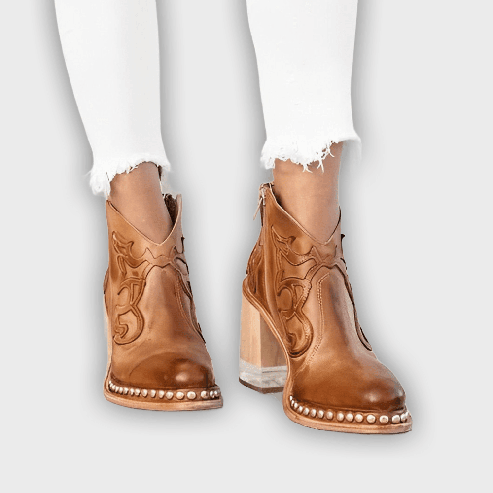 Ysella – Women’s Embroidered PU Leather Ankle Boots with Studded Sole