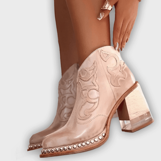 Ysella – Women’s Embroidered PU Leather Ankle Boots with Studded Sole