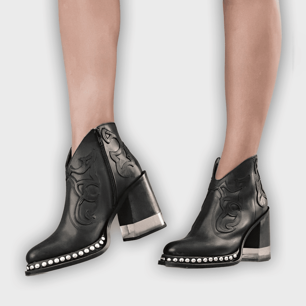 Ysella – Women’s Embroidered PU Leather Ankle Boots with Studded Sole