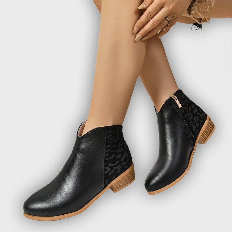 Zayla – Women’s PU Leather Ankle Boots with Leopard Panel & Chunky Heel