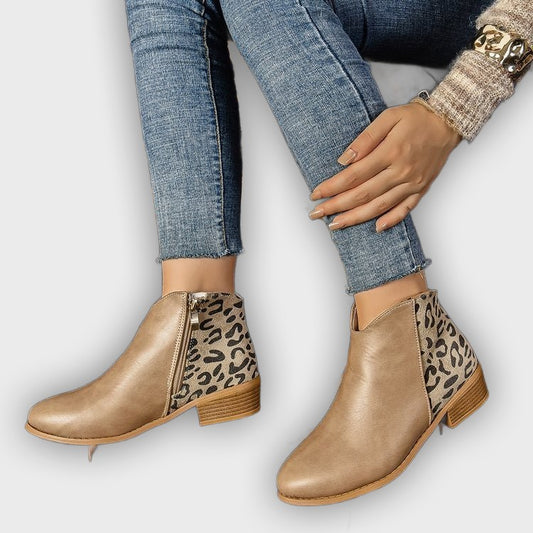 Zayla – Women’s PU Leather Ankle Boots with Leopard Panel & Chunky Heel