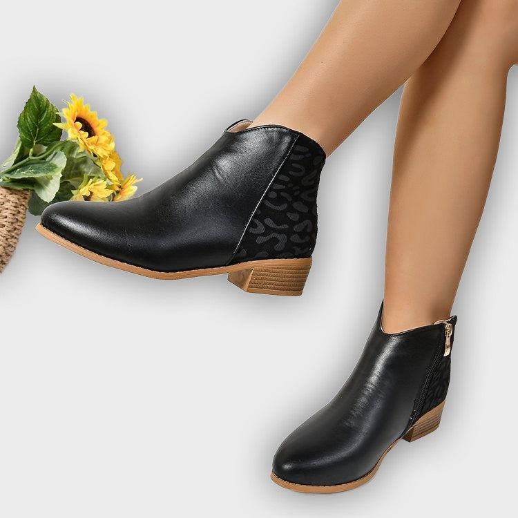 Zayla – Women’s PU Leather Ankle Boots with Leopard Panel & Chunky Heel