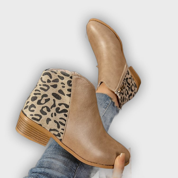 Zayla – Women’s PU Leather Ankle Boots with Leopard Panel & Chunky Heel