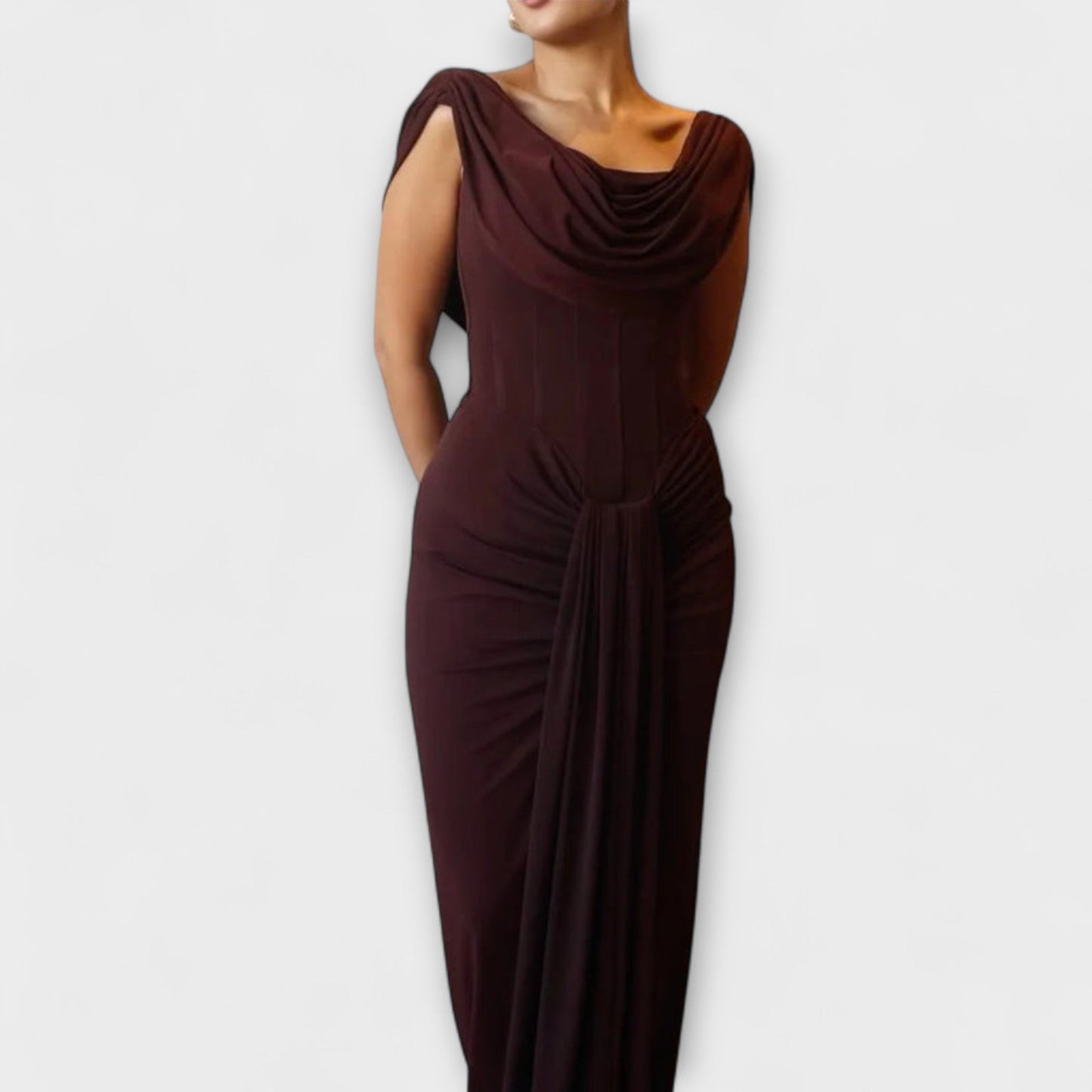 Elara - Chic Brown Maxi Evening Dress with Draped Neckline