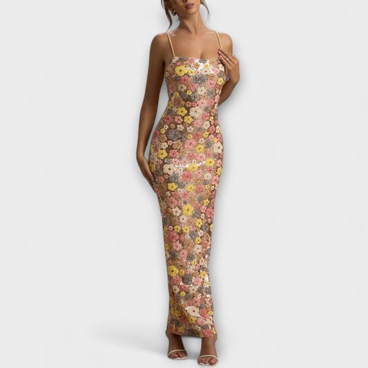 Oakley - 80s Style Maxi Dress with Floral Sequins