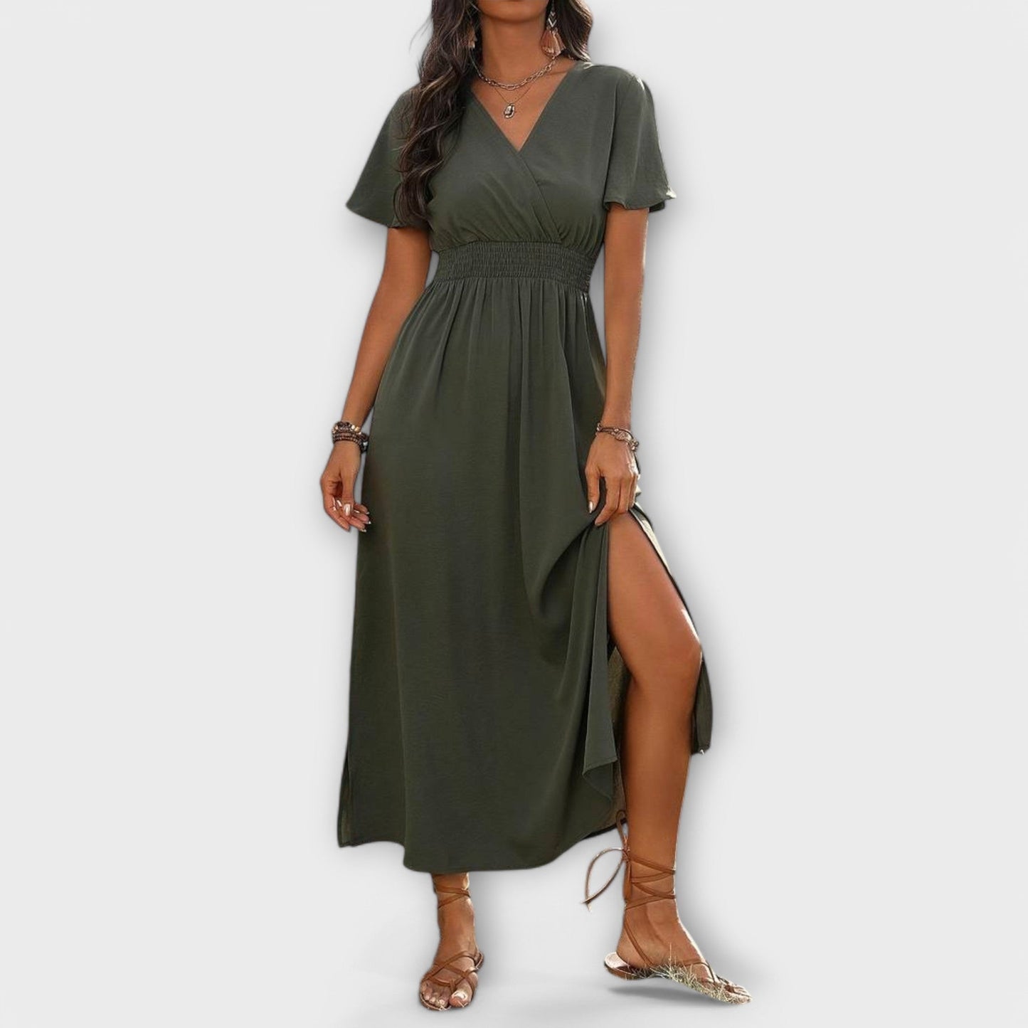 Heather - Elegant Boho V-Neck Dress with Long Sleeves