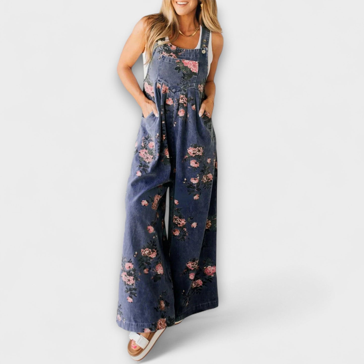 Bethany - Floral Print Wide Denim Overalls