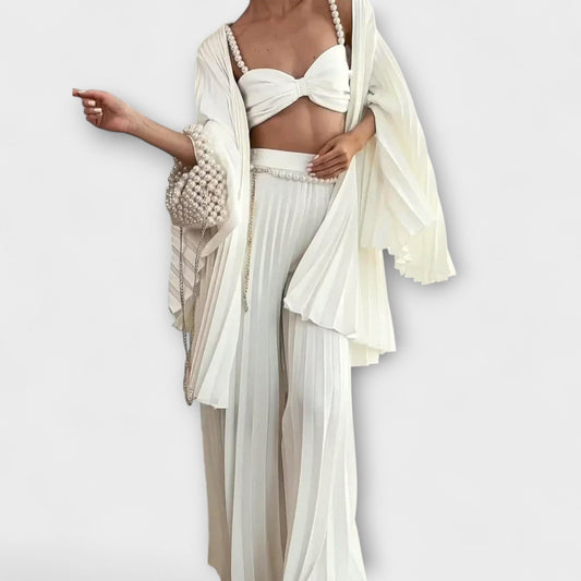 Evangeline - White Pleated Blouse with Wide-Leg Pants and Cardigan