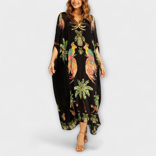 Linda - Stunning Dress with Asymmetrical Shoulders and Coconut Tree Print