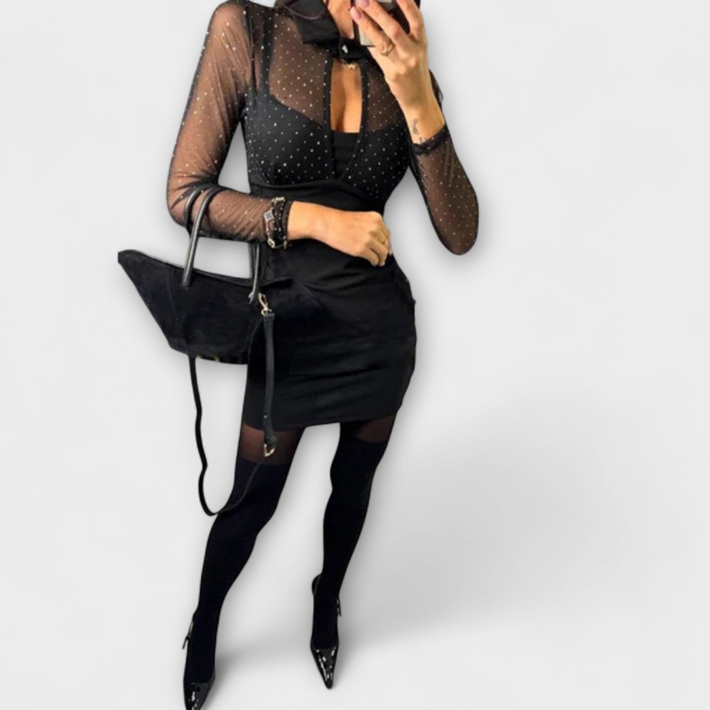 Stevie - Mini Dress with Glitter Mesh Neckline