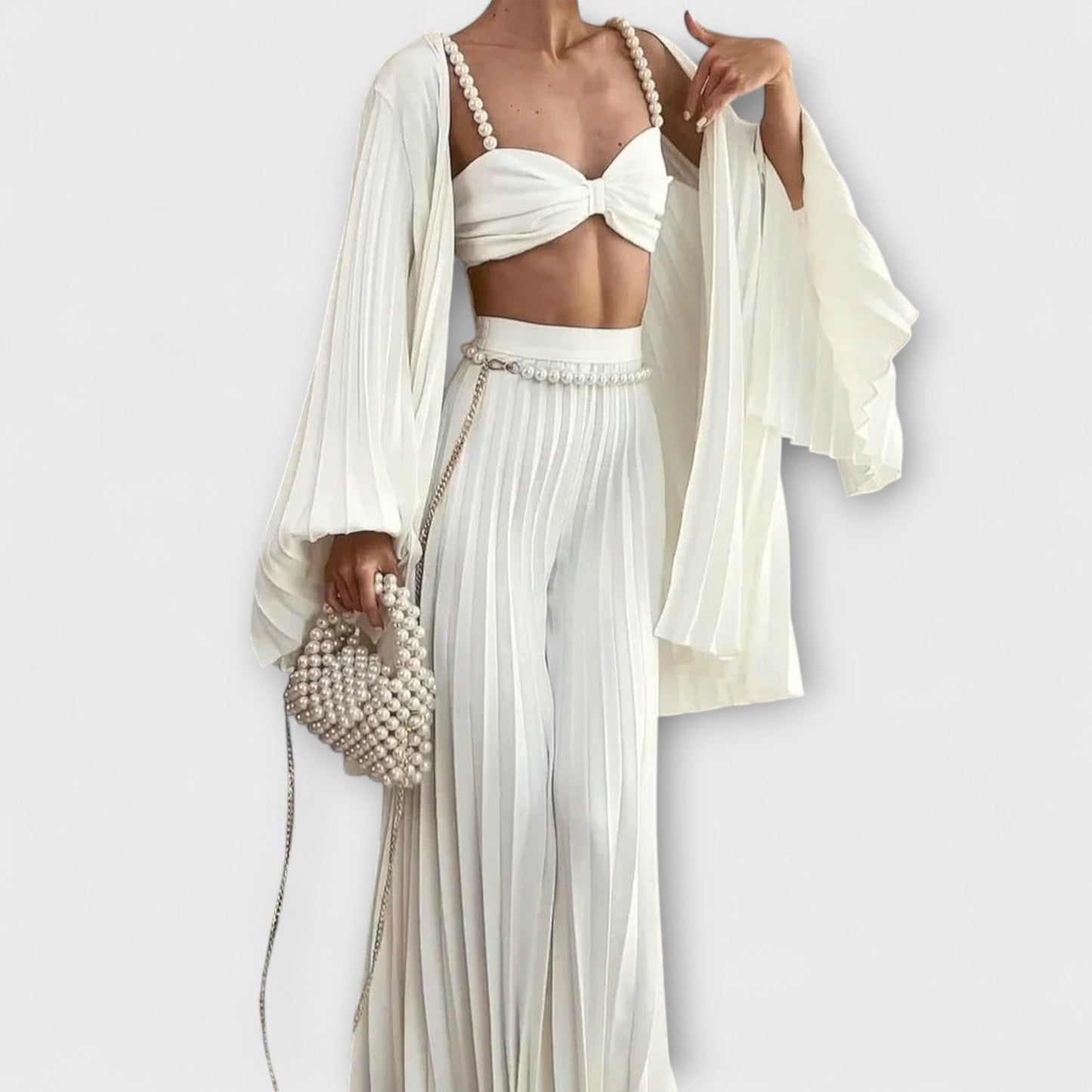 Evangeline - White Pleated Blouse with Wide-Leg Pants and Cardigan