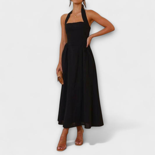 Lydia - Mid-Length Black Halter Dress with Waist Accent
