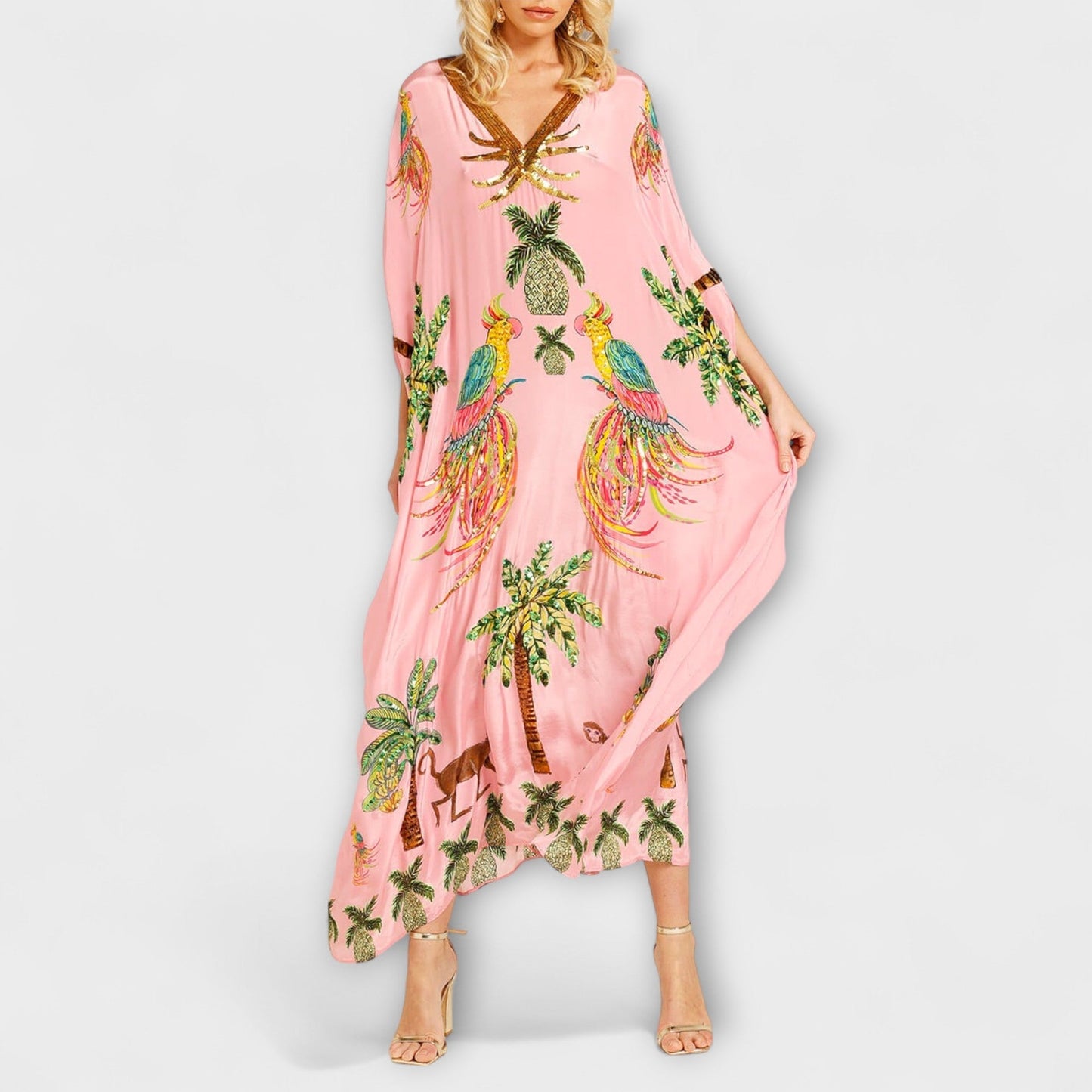 Linda - Stunning Dress with Asymmetrical Shoulders and Coconut Tree Print