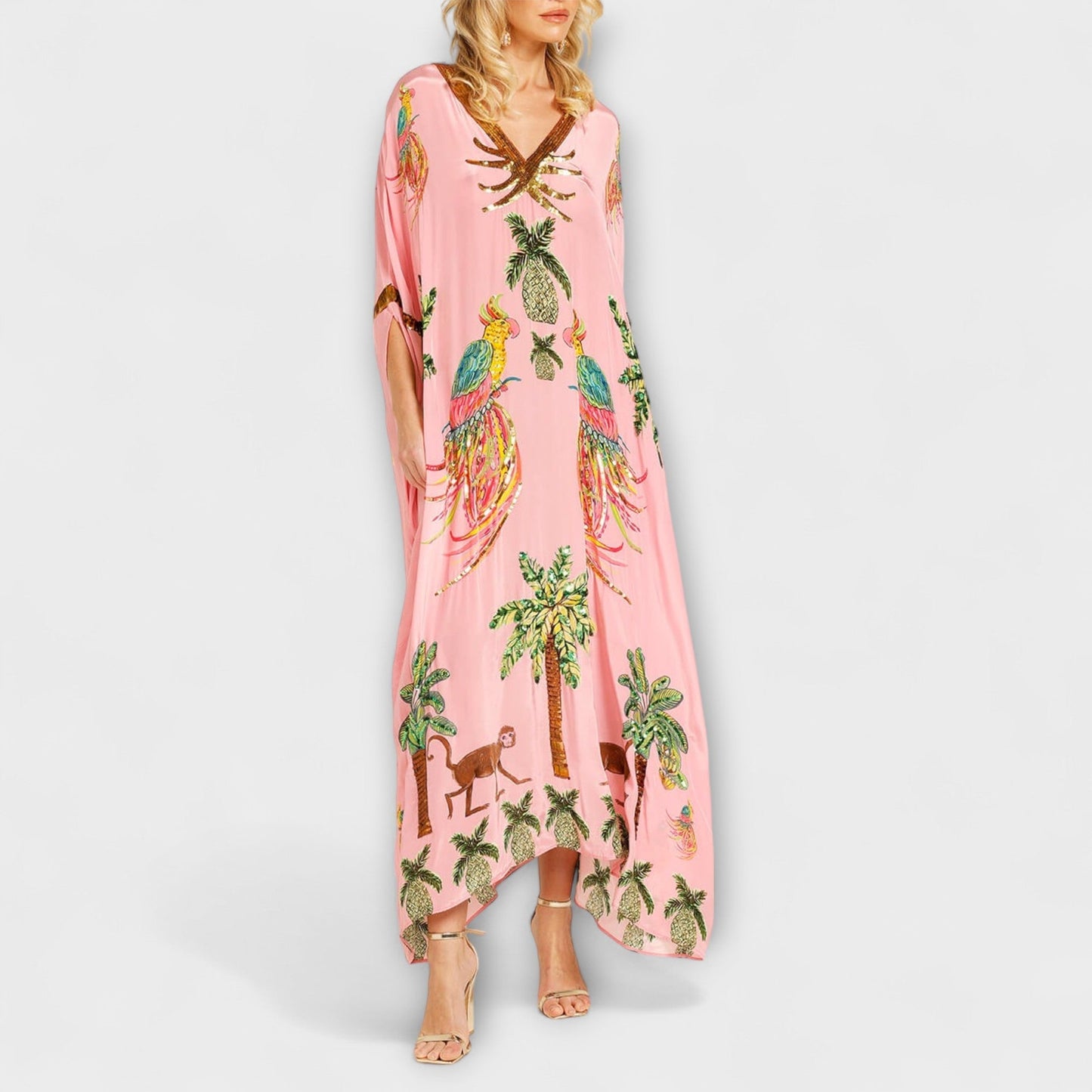 Linda - Stunning Dress with Asymmetrical Shoulders and Coconut Tree Print