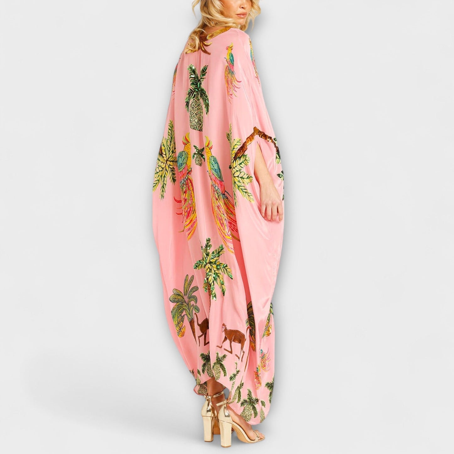 Linda - Stunning Dress with Asymmetrical Shoulders and Coconut Tree Print