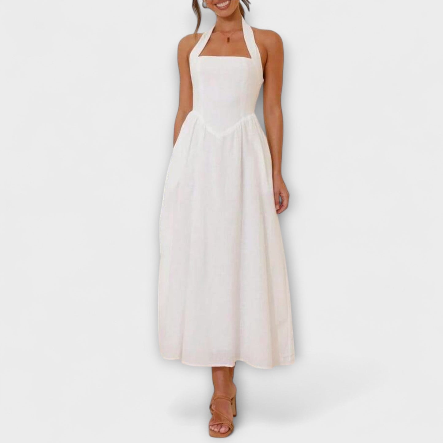 Lydia - Mid-Length Black Halter Dress with Waist Accent