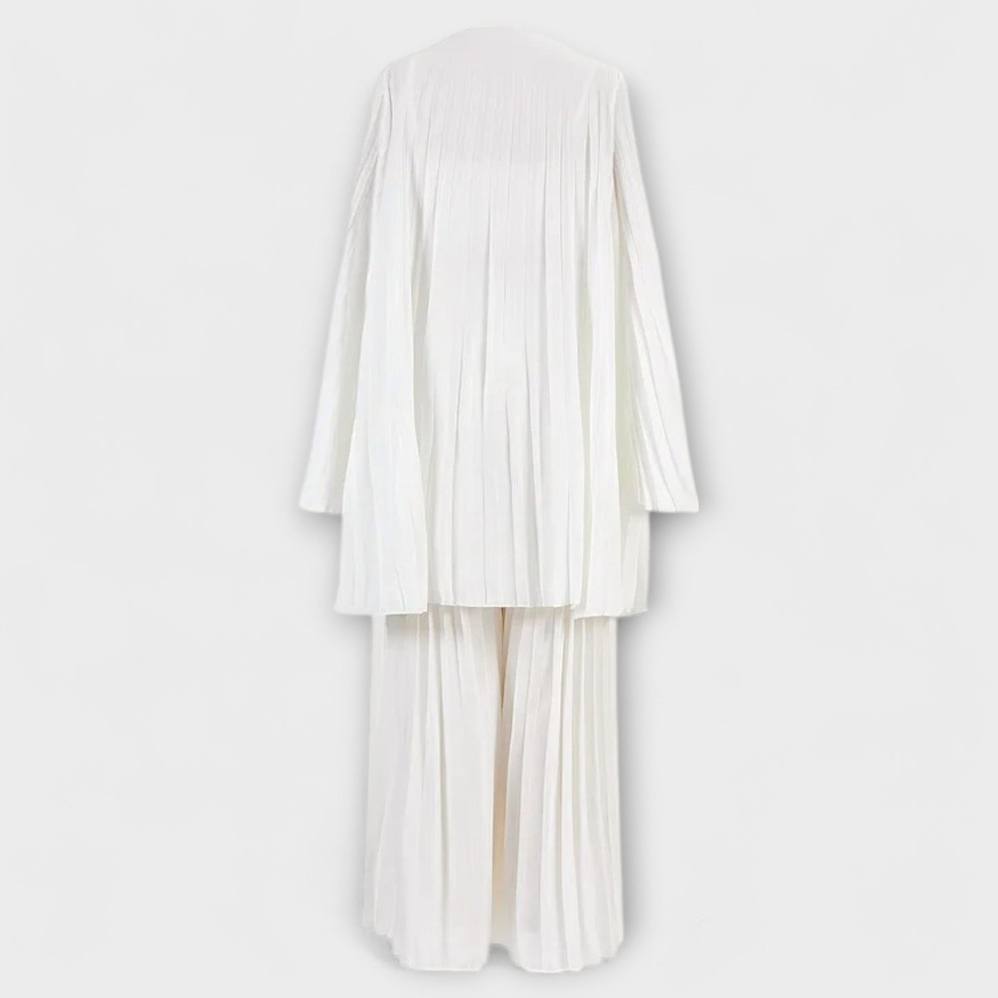 Evangeline - White Pleated Blouse with Wide-Leg Pants and Cardigan