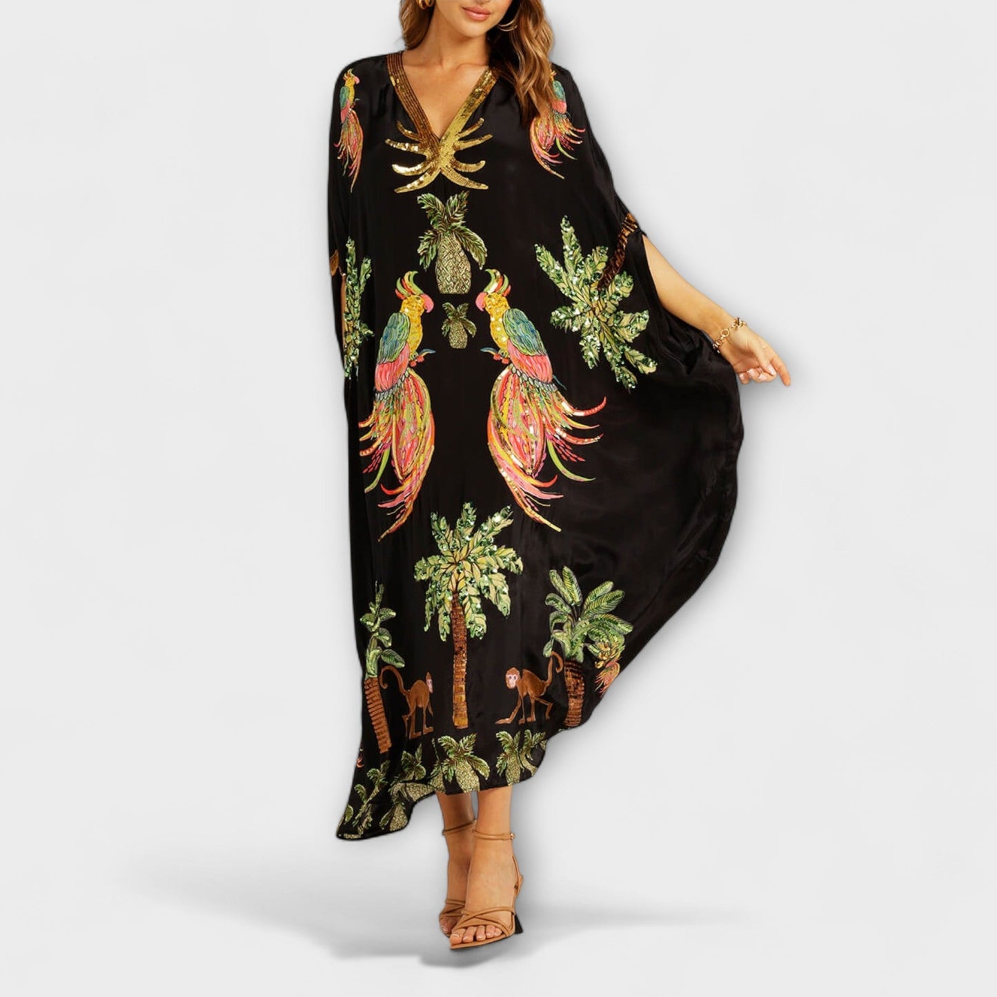 Linda - Stunning Dress with Asymmetrical Shoulders and Coconut Tree Print