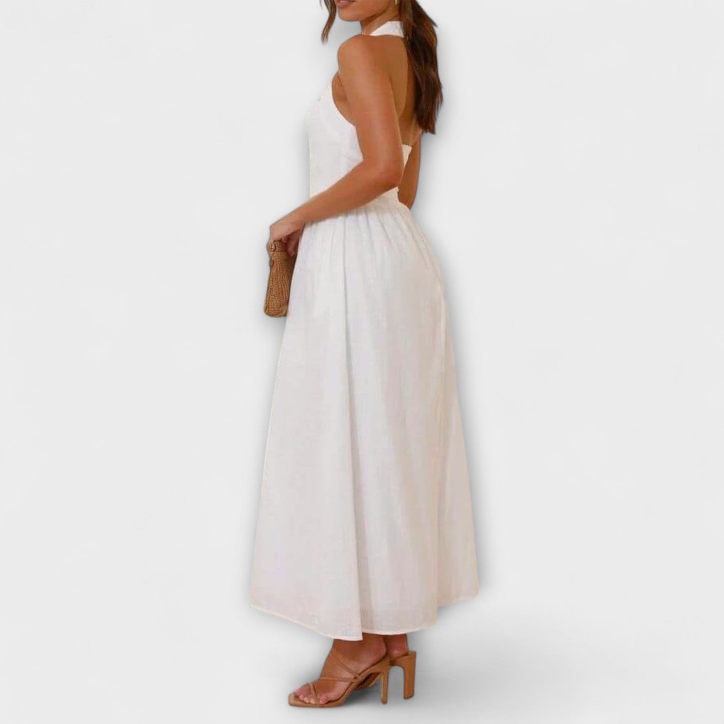 Lydia - Mid-Length Black Halter Dress with Waist Accent