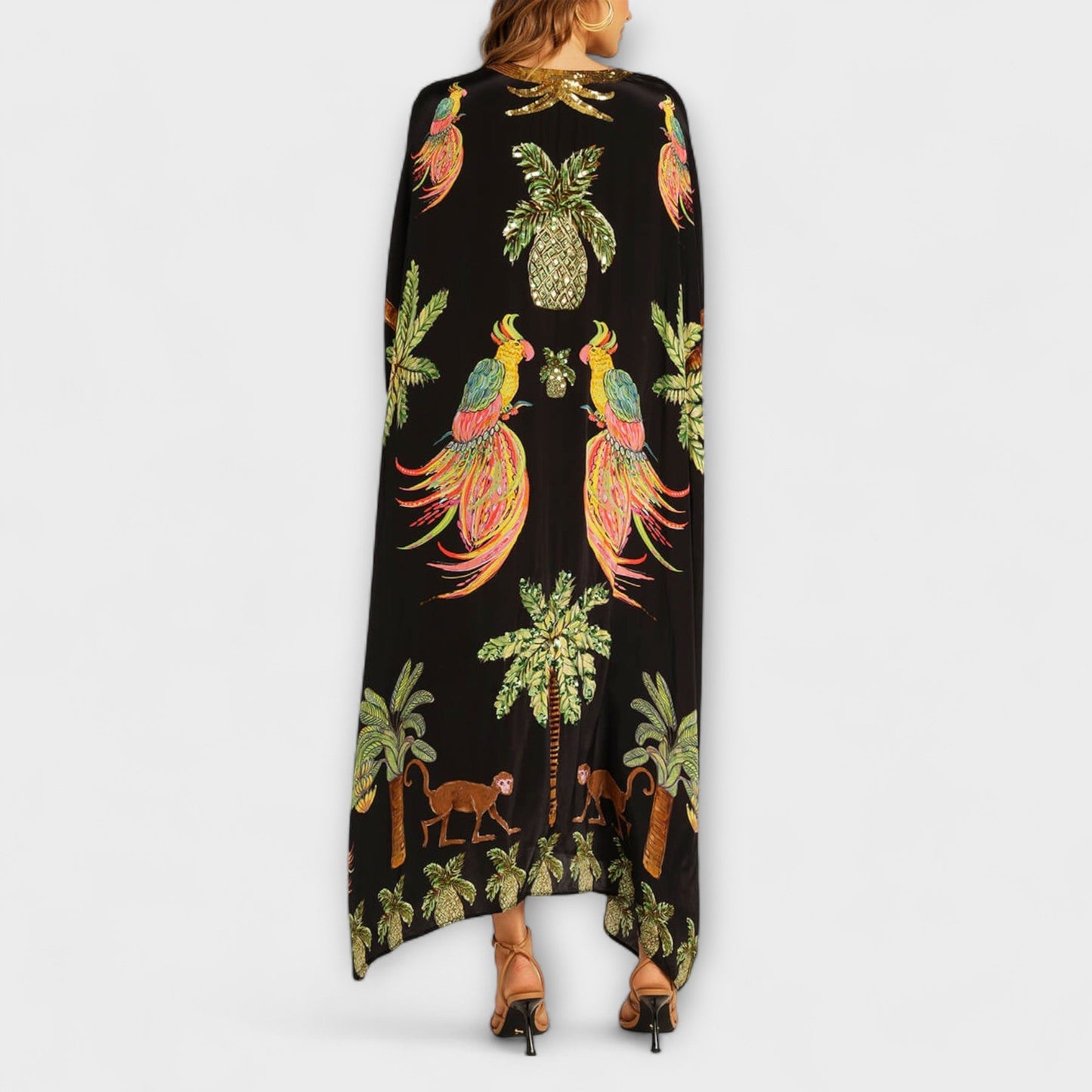 Linda - Stunning Dress with Asymmetrical Shoulders and Coconut Tree Print