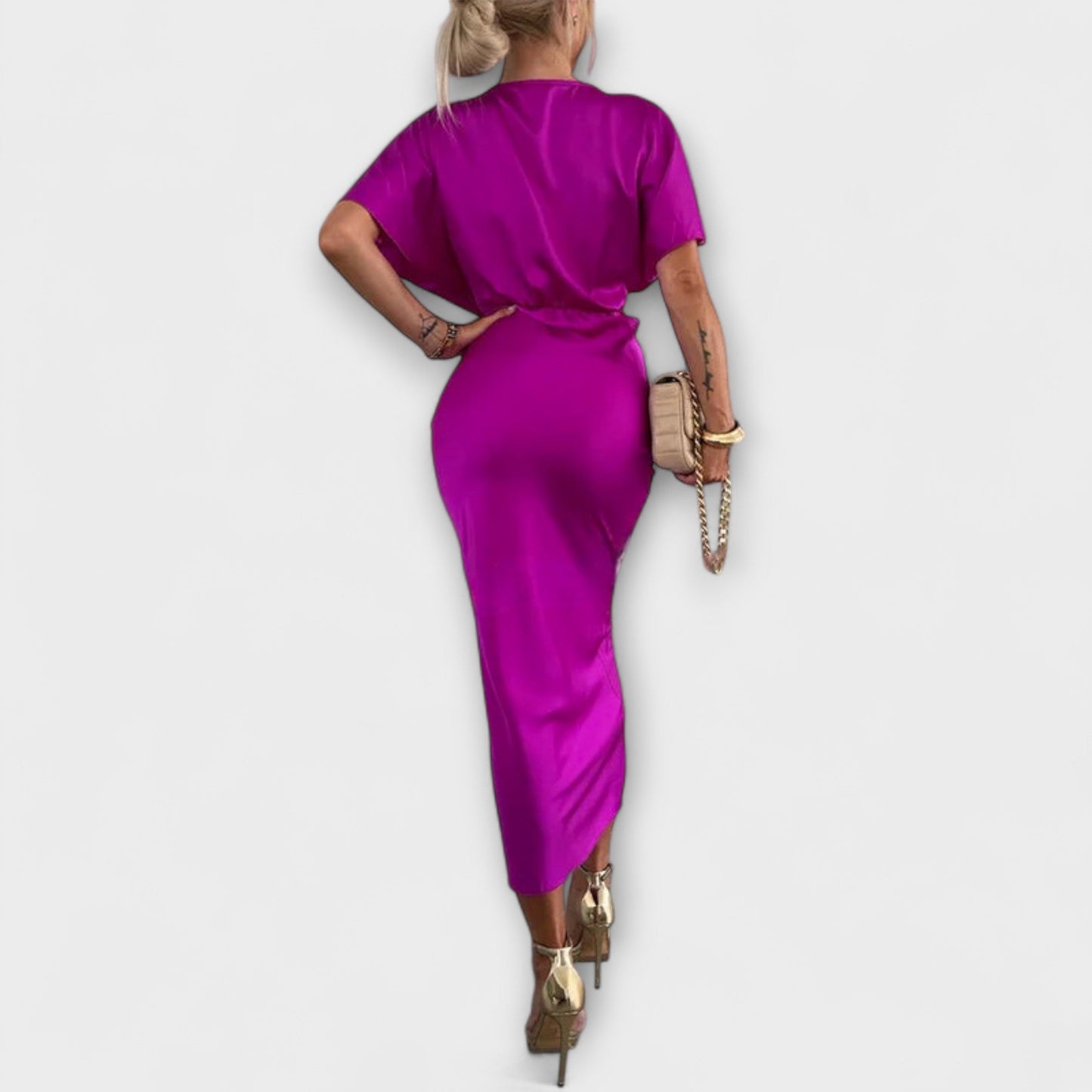 Sable - Solid Satin V-Neck Cross-Knot Slim Fit Maxi Dress