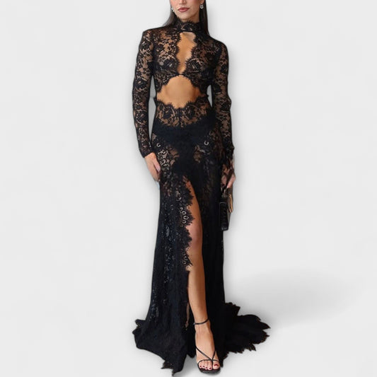 Azalea - Midnight Elegance Sheer Cutout Long Sleeve Stretch Maxi Dress