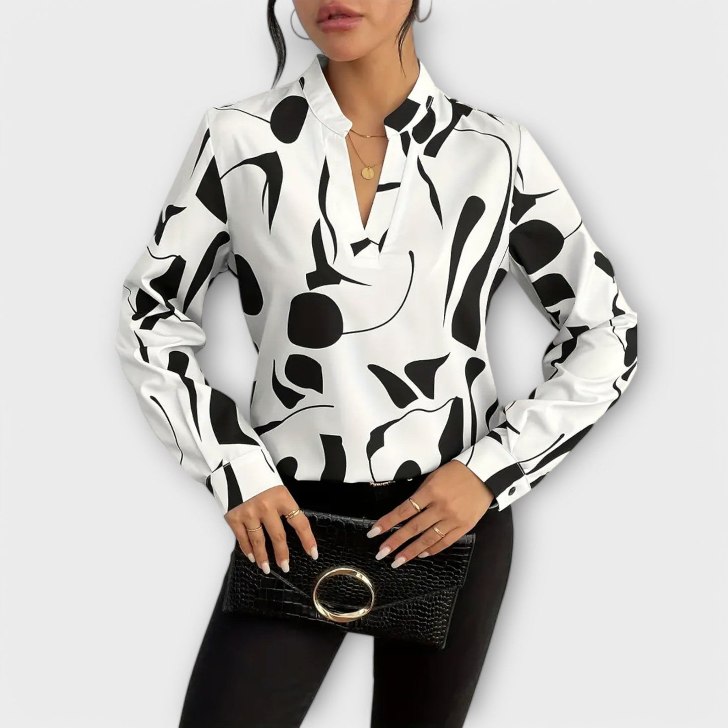 Chic Long-Sleeve Blouse with Pointed Neckline