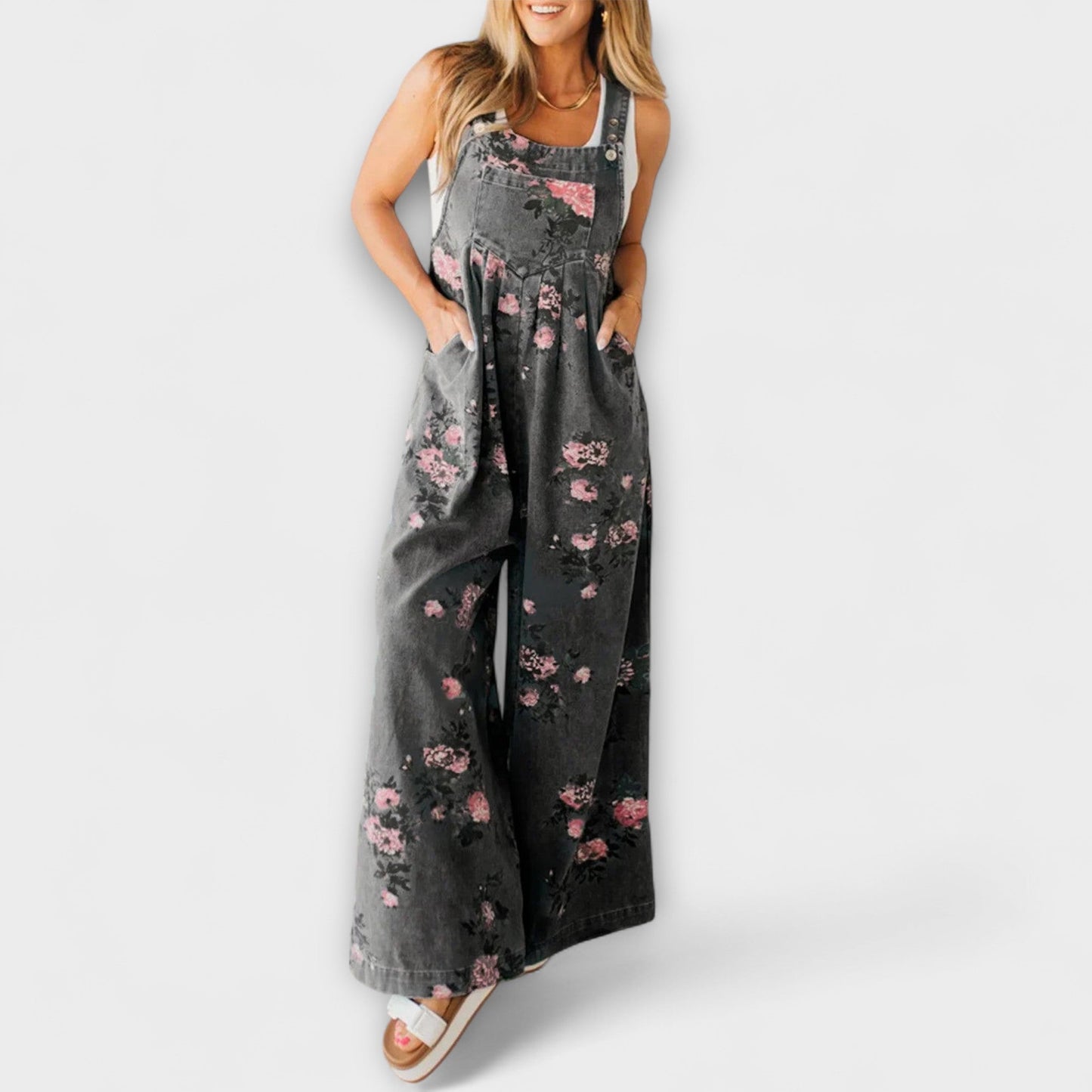 Bethany - Floral Print Wide Denim Overalls