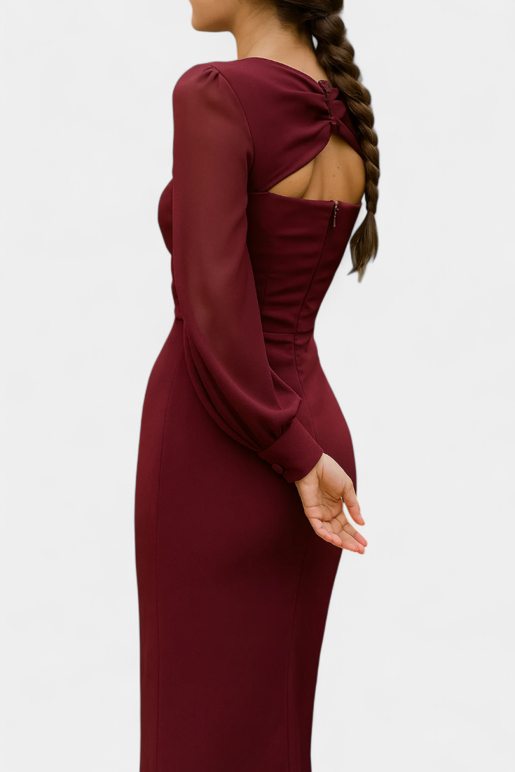 Julissa Midi Dress in Burgundy with Tied Detail and Open Back