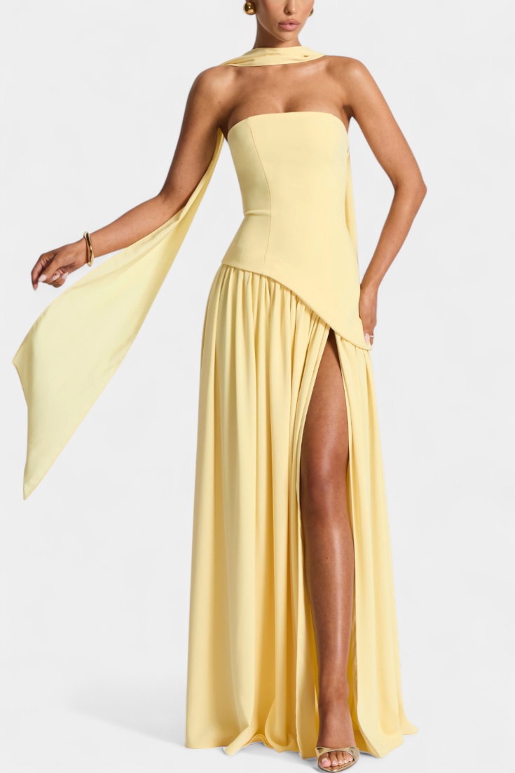 Maxi Pilgrim Dress with Off-Shoulder Sleeves Made of Chiffon with a Side Slit