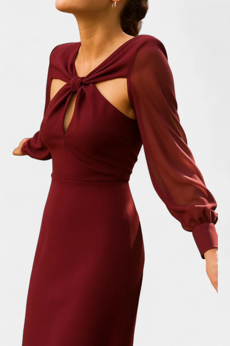 Julissa Midi Dress in Burgundy with Tied Detail and Open Back