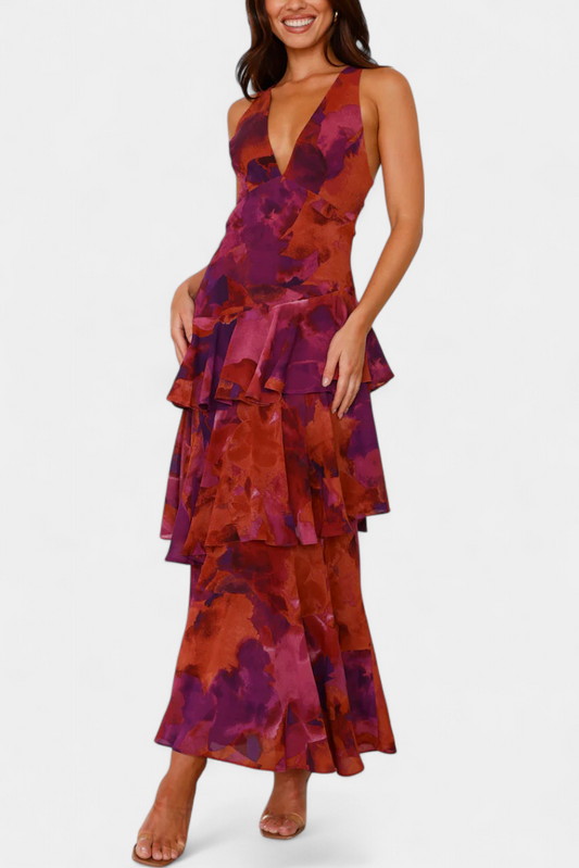 Domenica Chiffon Dress with V-Neck and Flowing Layers