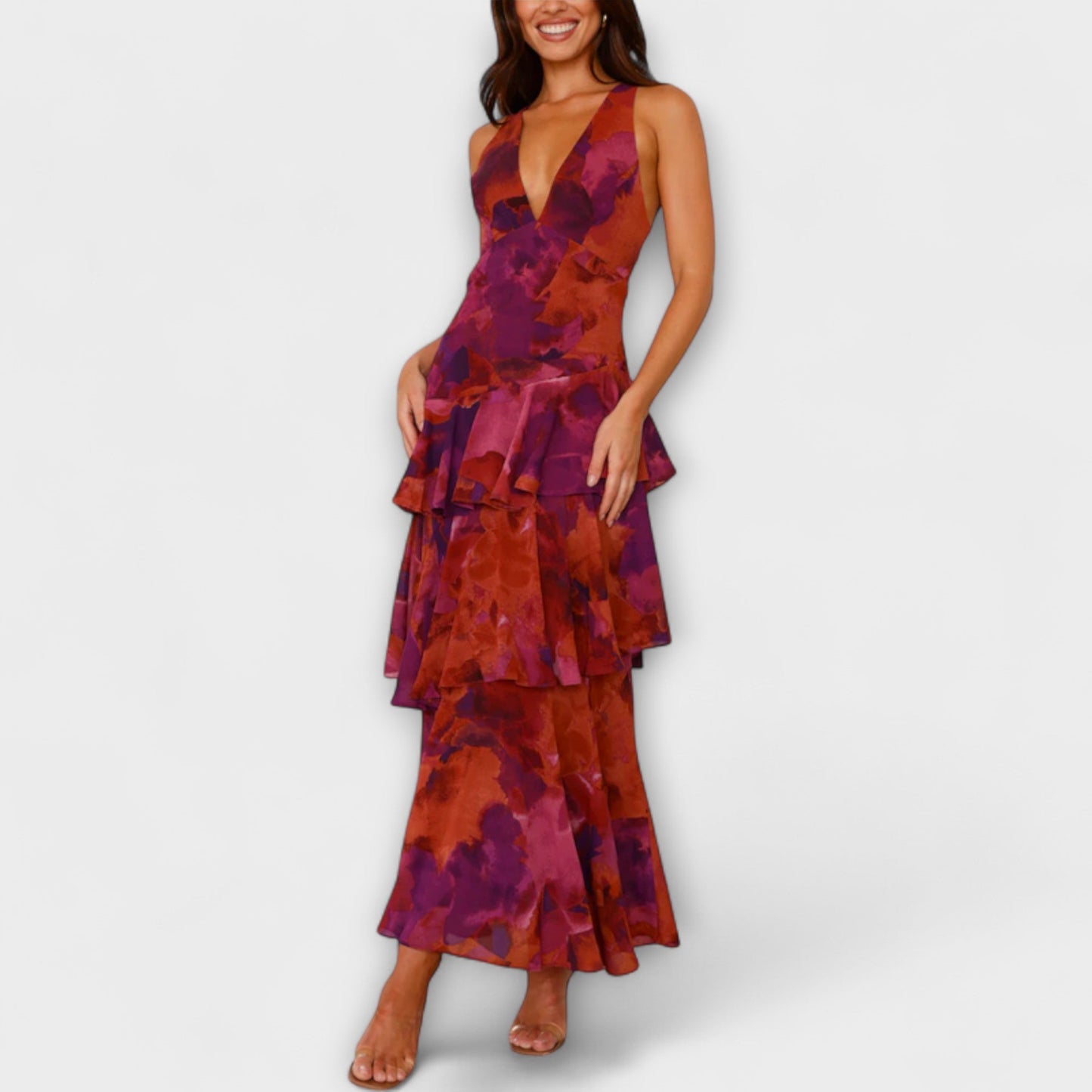Domenica - V-Neck Chiffon Dress with Flowing Layers