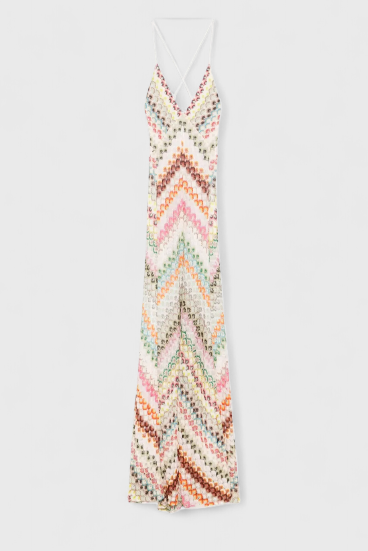 Agostina Long Lace Dress with V-Neck and Zigzag Pattern