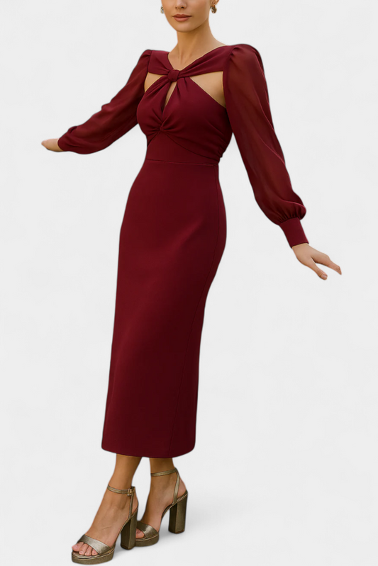 Julissa Midi Dress in Burgundy with Tied Detail and Open Back
