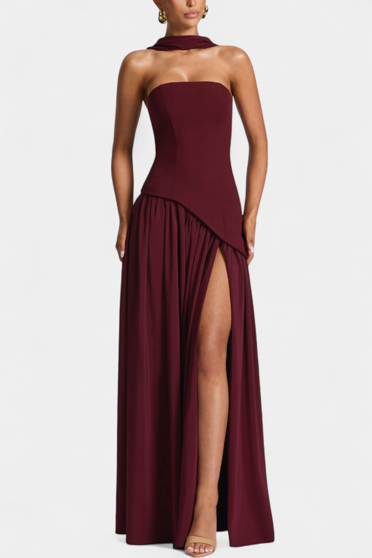 Maxi Pilgrim Dress with Off-Shoulder Sleeves Made of Chiffon with a Side Slit