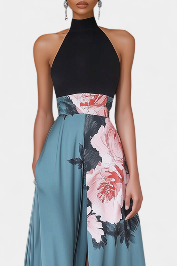 Radmila A-Line Dress with Black Bodice and Contrasting Floral Skirt