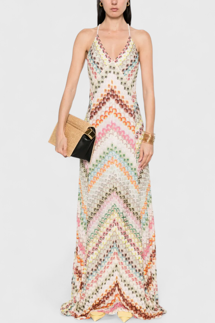 Agostina Long Lace Dress with V-Neck and Zigzag Pattern